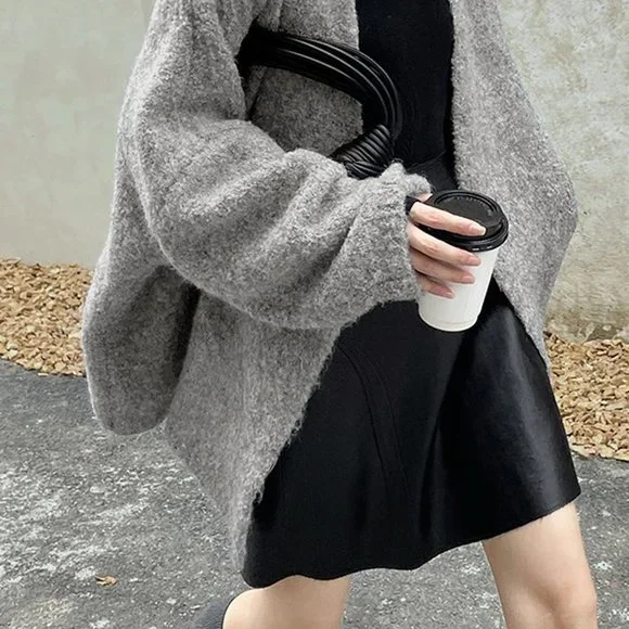 Grey Casual Womens Solid Open Front Batwing Sleeve Cardigan - Picture 4 of 4